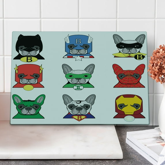 Superhero Cutting Board, Bulldog Superheroes Fun Cartoon Puppies in Disguise Costume Dogs Print, Decorative Tempered Glass Cutting and Serving Board, Large Size, Multicolor, by Ambesonne