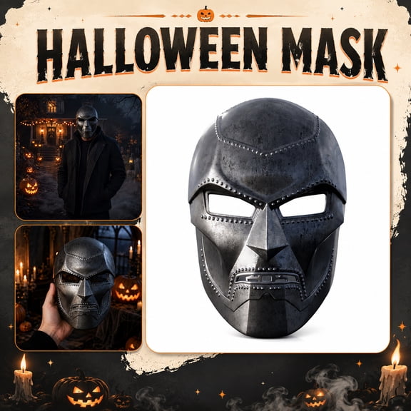 Superhero Dr Doom 7.08x9.06-Inch 3D Printed Full Face Mask Wearable Display Prop with Angular Panel Design Rivet Texture and Eye Openings for Costume Use A001 Black 7.08x9.06"