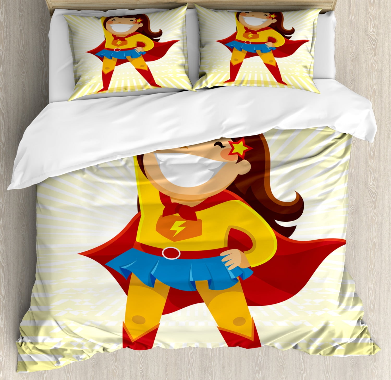 Superhero Duvet Cover Set Queen Size, Courageous Little Girl with a Big ...