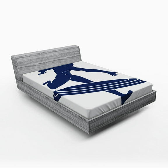 Superhero Fitted Sheet, Muscle Man Hero Throws His Frisbee Muscular Silhouette Disc Sports Theme, Soft Decorative Fabric Bedding, Queen Size, White Navy Blue, by Ambesonne