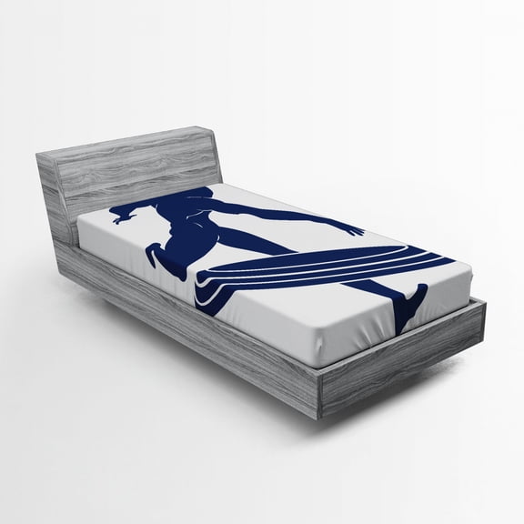 Superhero Fitted Sheet, Muscle Man Hero Throws His Frisbee Muscular Silhouette Disc Sports Theme, Soft Decorative Fabric Bedding, Twin XL Size, White Navy Blue, by Ambesonne