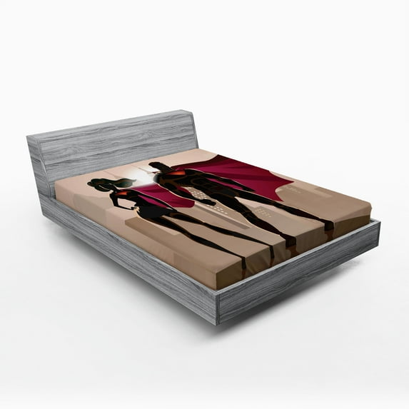 Superhero Fitted Sheet, Super Woman and Man Heroes in City Solving Crime Hot Couple in Costume, Decorative Soft Bedding All-round Elastic Pocket, King Size, Beige Brown Magenta, by Ambesonne