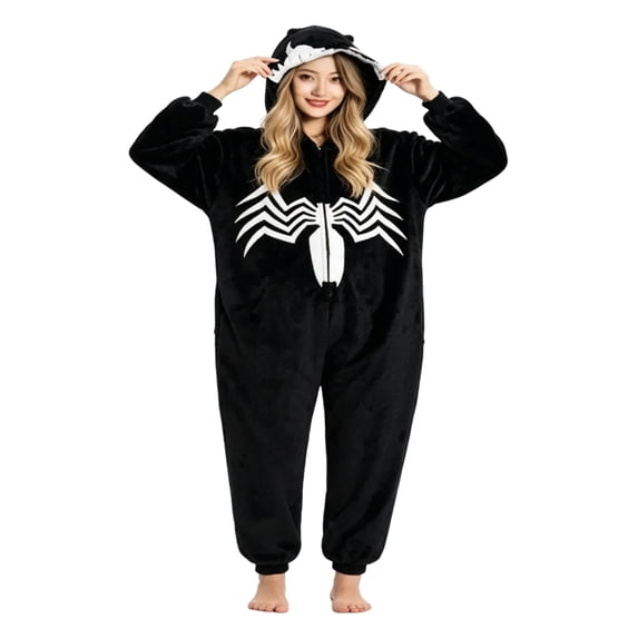 Superhero Flannel Onesie Jumpsuit, Full Zip Hooded Web Printed Sleepwear Loungewear Apparel for Adults Halloween Party