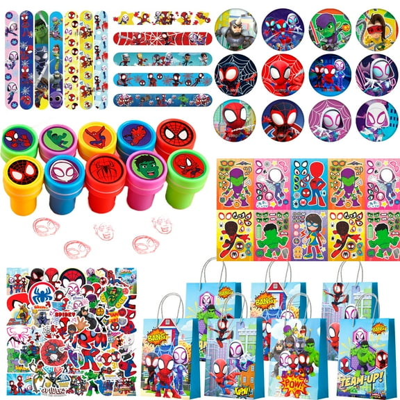Superhero & Friends Party Favors for Kids, 110 Pcs Superhero Birthday Party Favors Set - Goodie Bags, Key Chains, Stickers & More Party Supplies for Superhero & Friends Birthday Decorations