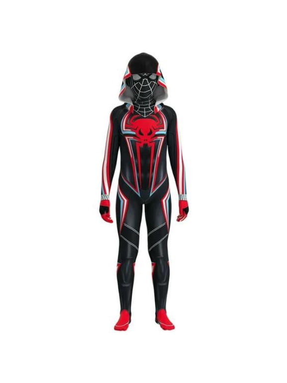 Superhero Full Body Jumpsuit Hooded Style Black Red Stage Performance Outfit for Boys Theme Parade