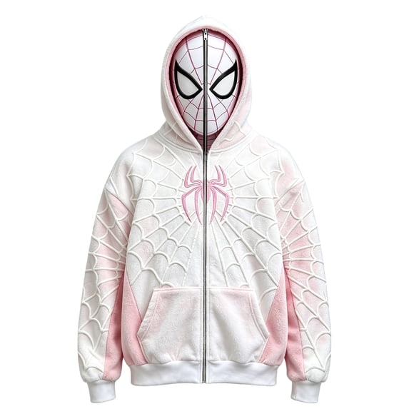 Superhero Full Zip Face Mask Sweatshirt Spider Print Long Sleeve Hooded Top Graphic Activewear for Halloween Party Streetwear Performance Costume 120