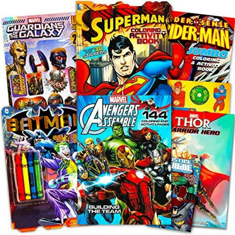 Superhero Giant Coloring Book Assortment ~ 7 Books Featuring Avengers, Justice League, Batman, Spiderman and More (Includes Stickers)