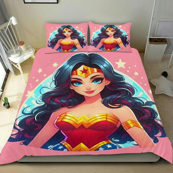 Superhero Gir Themed Bed Sheet Set Three Piece Set 53x79 Inches Comfortable And Skin Friendly Unique Design Creating A Star Studded Night