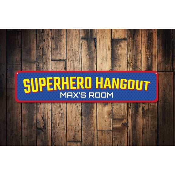 Superhero Hangout Sign Custom Kid Name Bedroom Sign Superhero Lover Gift Child Playroom Decor - Sign Decor - Size: 16 x 4 Inches