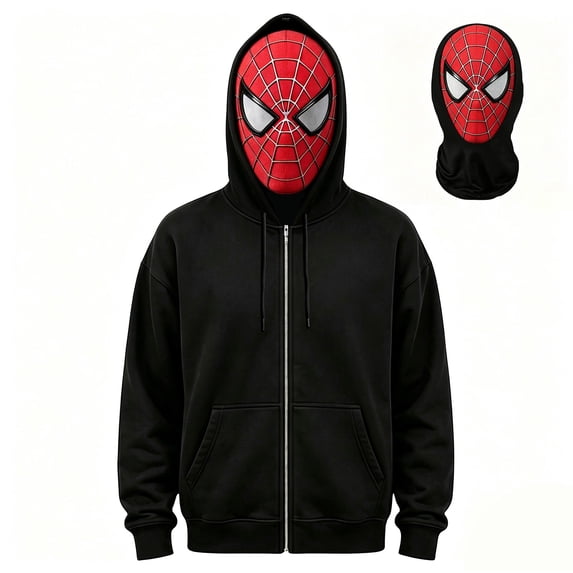 Superhero Hooded Sweatshirt, Full Face Mask Zip-Up Hoodie, Graphic Hero Costume for Men and Women, Cosplay Halloween Party Outfit, Streetwear, Novelty Outerwear & Dress Up
