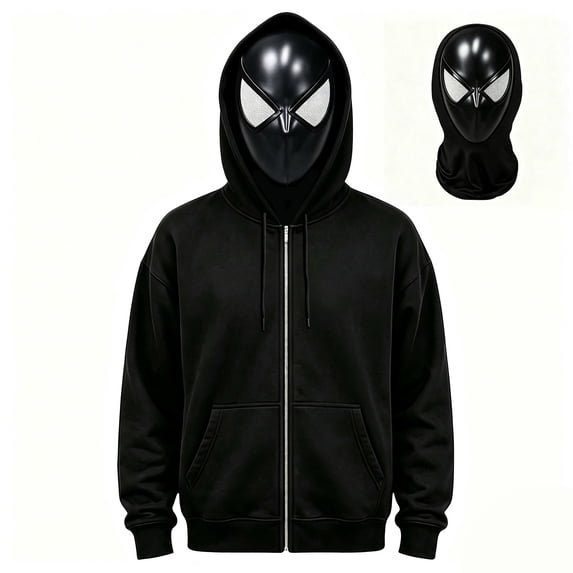 Superhero Hoodie Costume for Adults, Zip-Up Hooded Sweatshirt with Full Face Mask, Graphic Hero Jacket for Halloween Cosplay, Costume Party, Festival Events & Novelty Dress Up,Black S