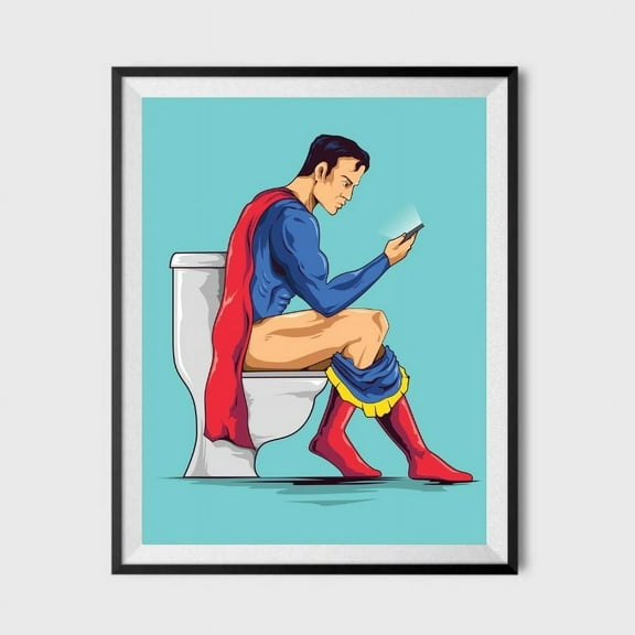 Superhero In Red Cape Texting On The Toilet Bathroom Poster 11x17