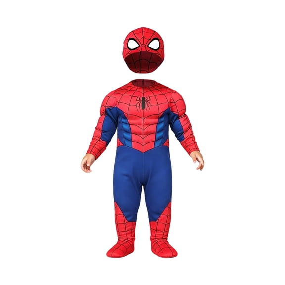 Superhero Jumpsuit Stuffed Chest Red Blue Spider Cosplay Apparel Outfits Set for Boys Birthday Celebration