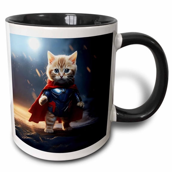 3drose, Superhero Kitten with a Cool Cape Ready for Action, 15oz Two-tone Black Mug