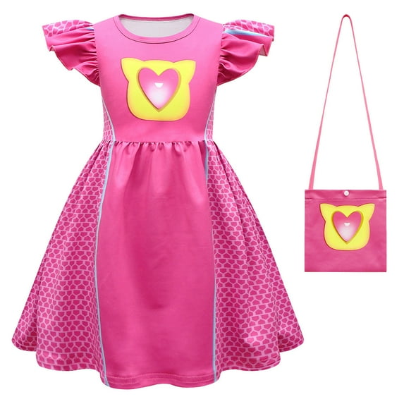 Superhero Kittens Costume Dress for Girls, Halloween Short Sleeve Fancy Dress w/Bag, Size 2-8T