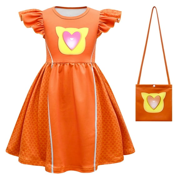 Superhero Kittens Costume Dress for Girls, Halloween Short Sleeve Fancy Dress w/Bag, Size 2-8T