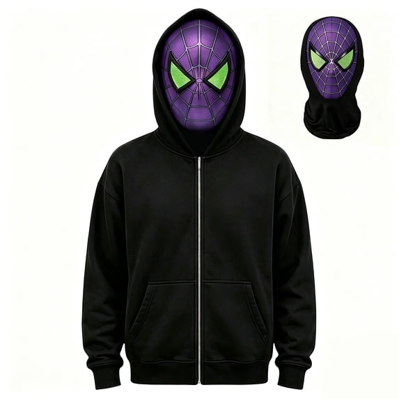 Superhero Masked Zip Up Hoodie, Movie Character Graphic Print Full Zip Pocket Sweatshirt Apparel for Boys Girls Cosplay Party