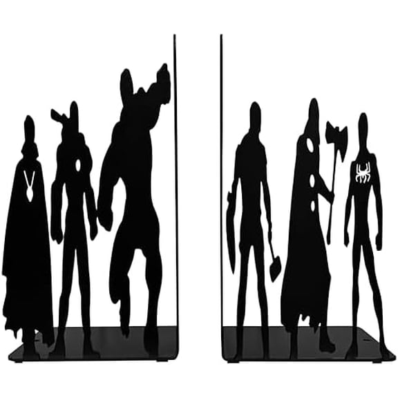 Superhero Metal Bookends, 8 inch Height, 11 inch Width, 4 inch Depth, Black Powder Coated, 3 lbs, Decorative Bookends for Shelves