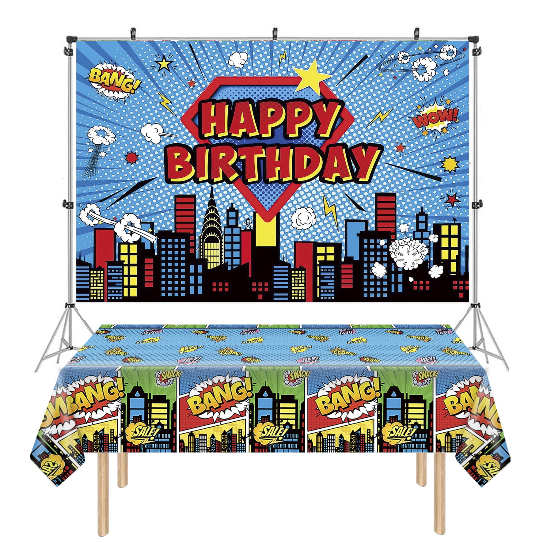 Superhero Party Backdrop 43x71 Inch And Super Hero Birthday Tablecloth Kids Boy Hero City Birthday Party Table Cover Cloth Banner Background Decorations