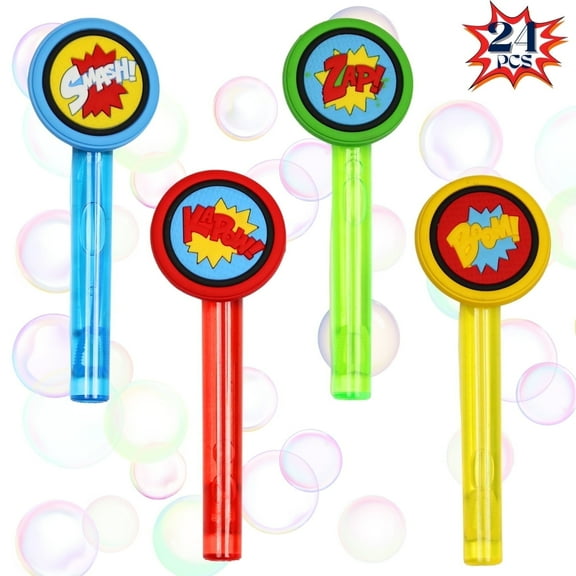 Superhero Party Favors, Set of 24 - Comic Hero Word Bubble Wands for Kids, Colorful Bubble Wand for Superhero Party Supplies, Classroom Prize