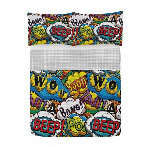 Superhero Reversible Bedspread Set, Comics Speech Bubbles Beep Wow Vivid Old Effects Supernatural Themed Print, Pillow Shams & Comforter Microfiber Bedding Set, 3 Sizes, Multicolor, by Ambesonne