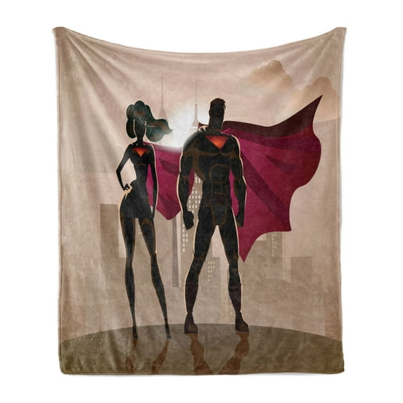 Superhero Soft Flannel Fleece Blanket, Super Woman and Man Heroes in City Solving Crime Hot Couple in Costume, Cozy Plush for Indoor and Outdoor Use, 50" x 60", Beige Brown Magenta, by Ambesonne