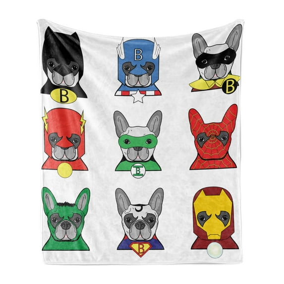 Superhero Soft Flannel Fleece Throw Blanket, Bulldog Superheroes Fun Cartoon Puppies in Disguise Costume Dogs Print, Cozy Plush for Indoor and Outdoor Use, 60" x 80", Multicolor, by Ambesonne