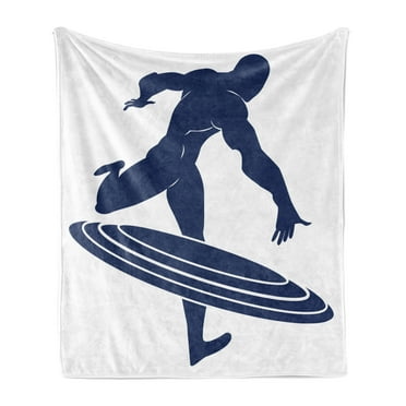 Superhero Soft Flannel Fleece Throw Blanket, Muscle Man Hero Throws His Frisbee Muscular Silhouette Disc Sports Theme, Cozy Plush for Indoor and Outdoor Use, 50" x 70", White Navy Blue, by Ambesonne