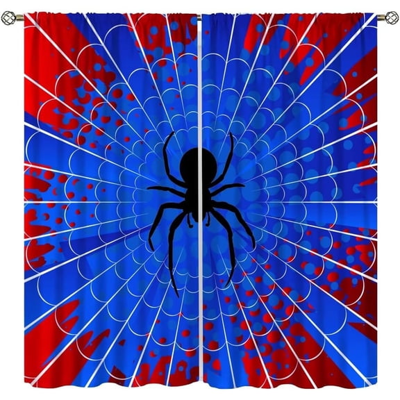 Superhero Spider Web Curtains,Blue Red Window Treatments for Kids Boy Bedroom Office Study Halloween Theme Spider Print Polyester Fabric Window Drapes 2 Panel Set Total Size 84 x 84 Inch