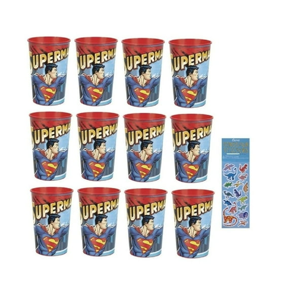 Superhero Superman Birthday Party Supplies Bundle Pack includes 12 Plastic Reusable Favor Cups and 1 Dinosaur Sticker Sheet