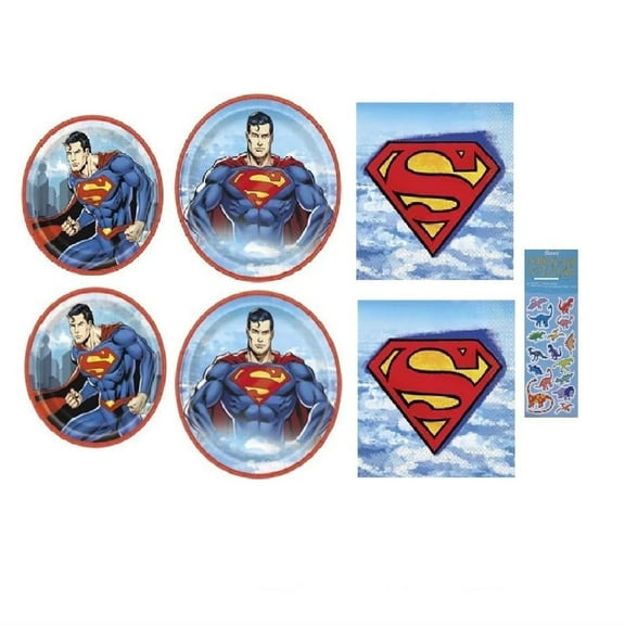 Superhero Superman Birthday Party Supplies Bundle includes 16 Dessert Cake Plates, 16 Large Lunch Plates, 32 Napkins, 1 Dinosaur Sticker Sheet
