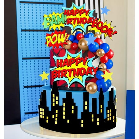 Superhero Theme Birthday Cake Decoration Set - 3D City Silhouette Explosion Dialog Insert Cards