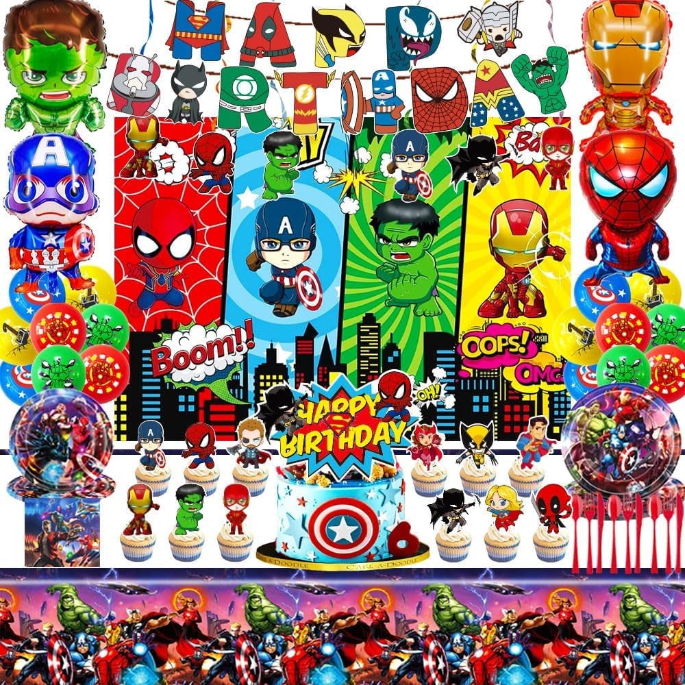 NEFIYLUXP Superhero Themed Birthday Decorations, The Avengers Party Supplies Including Backdrop, Birthday Banner, Hanging Swirls, Balloons, Cake Toppers, Forks, Napkins, Plates for Cool Party Decors