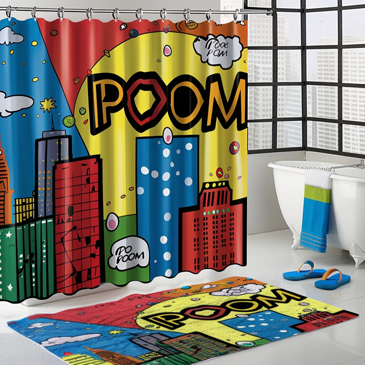 Superhero Themed Kids Bathroom Set with Comic Book Style Curtain ...