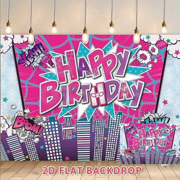 Superhero Themed Pink Birthday Backdrop, Comic Style Cityscape Party Decor Background, Photo Booth Prop for Birthday Party Celebrations, 2D Flat Banner for Party Venue Decoration