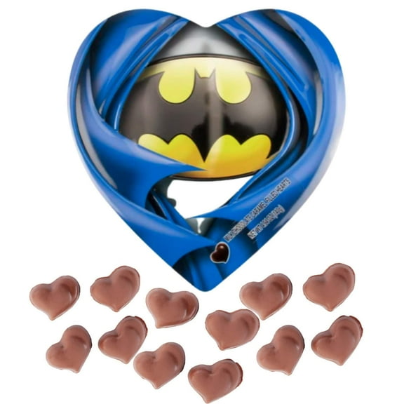 Superhero Valentine's Day Candy Gift Batman Milk Chocolates in Collectible Keepsake Heart Shaped Tin, Boys Gift for VDay, 4.9 Ounces