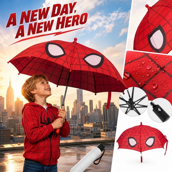 Superhero Web Graphic Canopy Umbrella with Windproof Rib Frame and Easy Grip Handle for Rain and Sun Protection