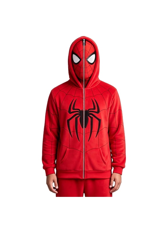 Superhero Zip Up Hoodie with Full Face Mask, Graphic Fleece Sweatshirt Pocket Apparel for Adults Halloween Cosplay Party