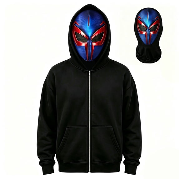 Superhero Zip Up Hoodie with Full Face Mask, Movie Character Graphic Sweatshirt Pocket Apparel for Men Women Halloween Cosplay Party