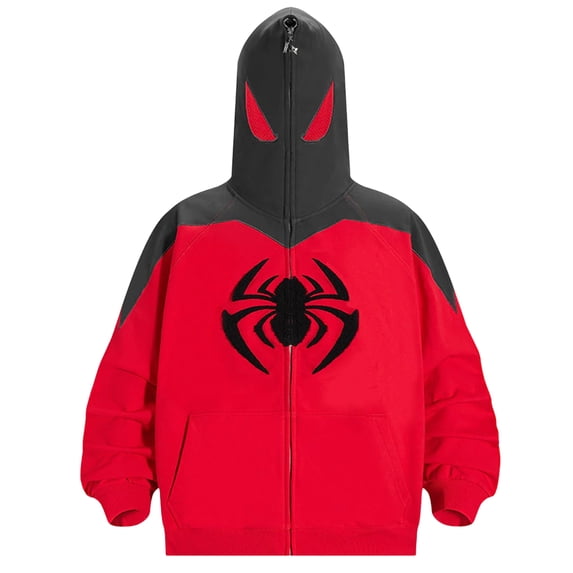 Superhero Zip Up Hoodie with Full Face Mask, Spider Web Print Graphic Sweatshirt Apparel for Adults Boys Girls Halloween Party