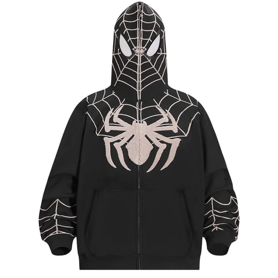 Superhero Zip Up Hoodie with Full Face Mask, Spider Web Print Graphic Sweatshirt Apparel for Adults Boys Girls Halloween Party