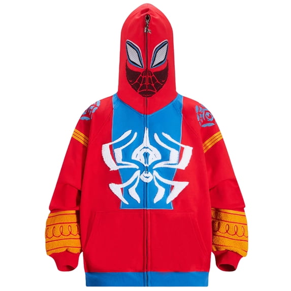 Superhero Zip Up Hoodie with Full Face Mask, Spider Web Print Graphic Sweatshirt Apparel for Adults Boys Girls Halloween Party