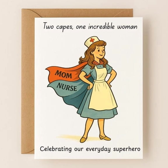 Superhero mom-nurse greeting card, colorful illustration, ideal for Mother's Day or birthday, features uplifting message of appreciation for a special parent.