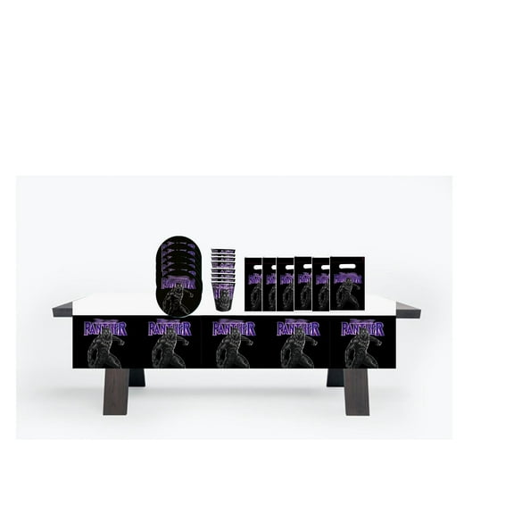 Superhero panther kids birthday party tablecloth, cups, candy bag, plates, black and purple decoration