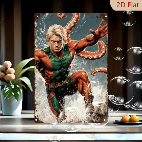 Superhero vs Octopus 8x12 Inches Metal Wall Art, Dynamic Comic Book Style Muscular Hero Emerging from Turbulent Ocean with Tentacles, Vintage Retro Poster Aesthetic for Home Decor