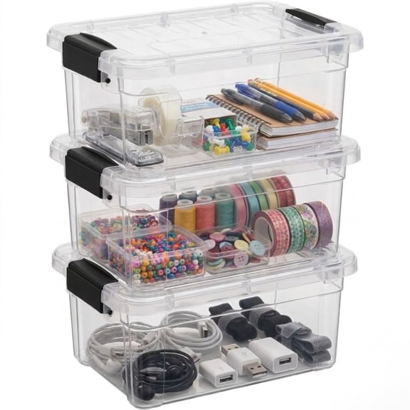 Superio 1.4 Quart Mini Clear Plastic Storage Container with Lid, Stackable Small Organizer Box for Crayons, Art Supplies, Beads, Sewing, Stationery & Food Storage, 3 Pack