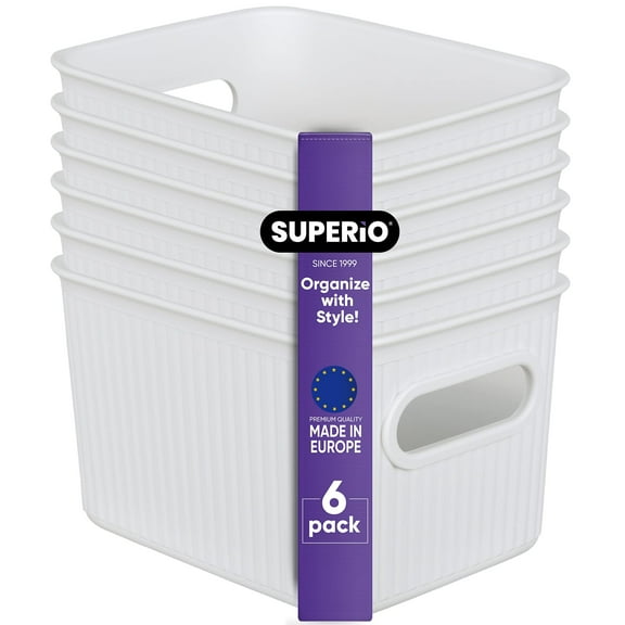 Superio 1.5 L Mini Ribbed Storage Bin- Plastic Storage Basket (White, 6 Pack)