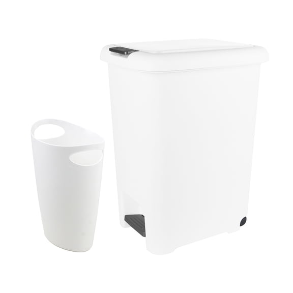 Superio 10L and 45L Slim Step & Push Trash Cans - 2 Pack, Dual Opening, Space-Saving Design, Durable Plastic - White