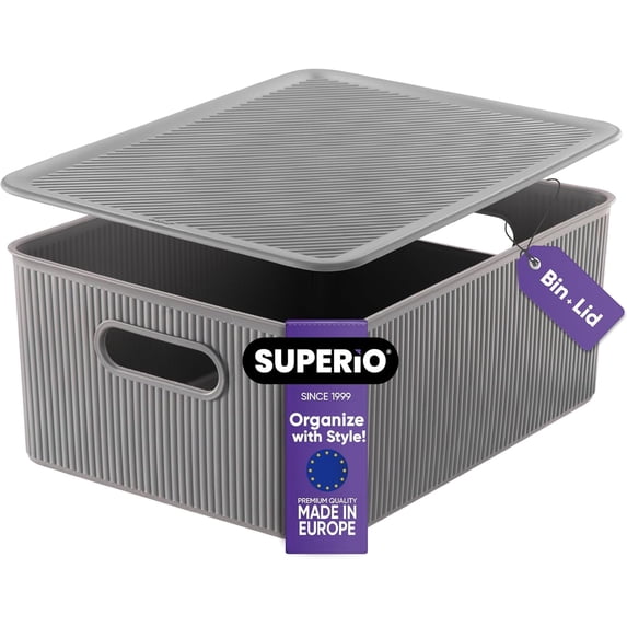 Superio 15L Medium Grey Ribbed Storage Bin with Lid, Plastic Storage Bin
