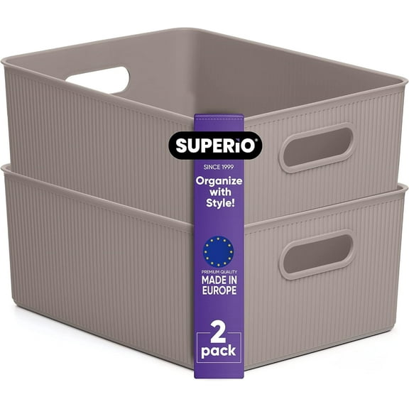 Superio 15L Medium Ribbed Storage Bin- Plastic Storage Bin (2 Pack, Taupe)
